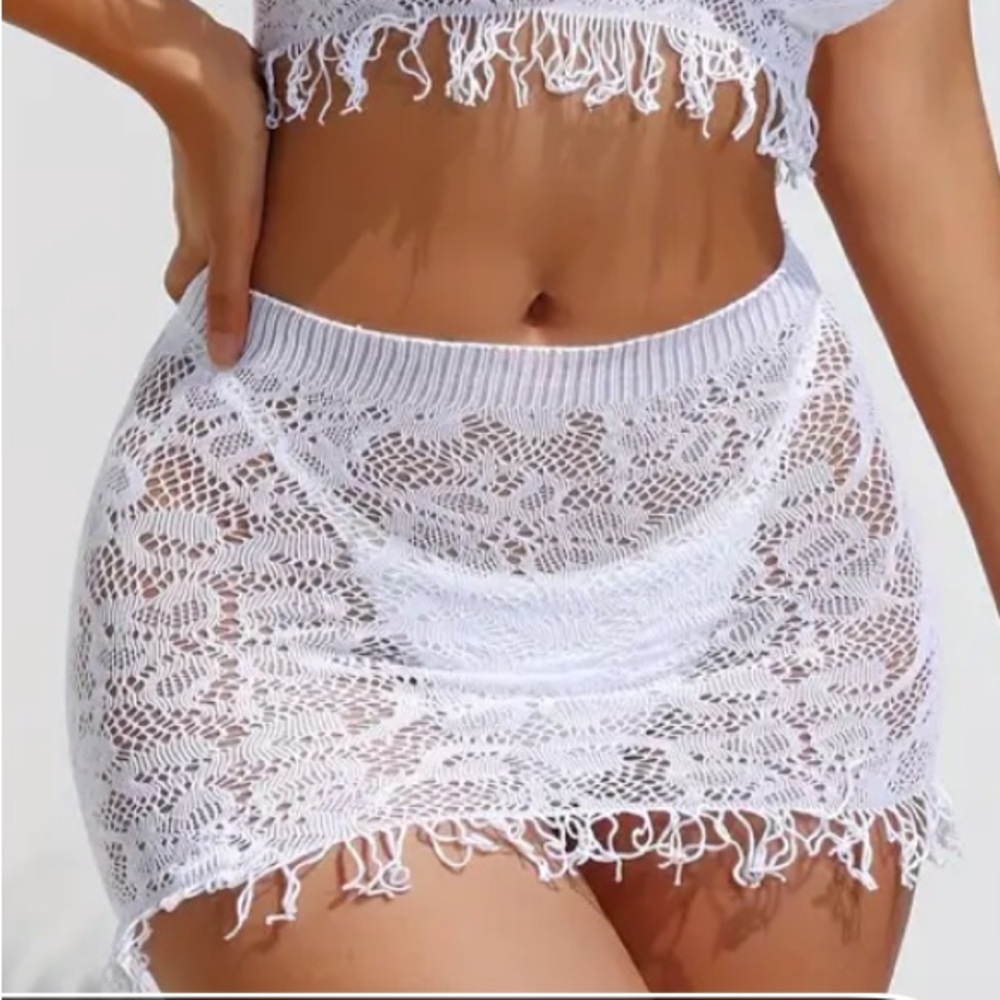 White Two-Piece Tassel Fishnet Crop Top & Skirt Beach Cover Up - Picture 5 of 7